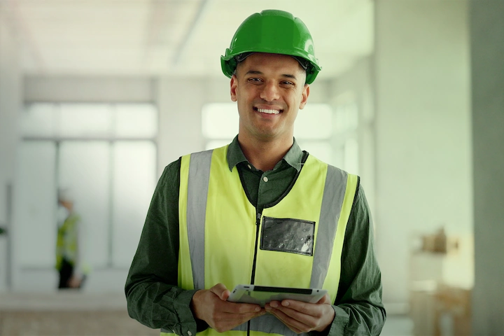 Construction worker standing, smiling