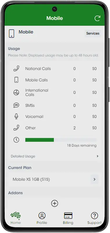 Myaussie® app showing the mobile section